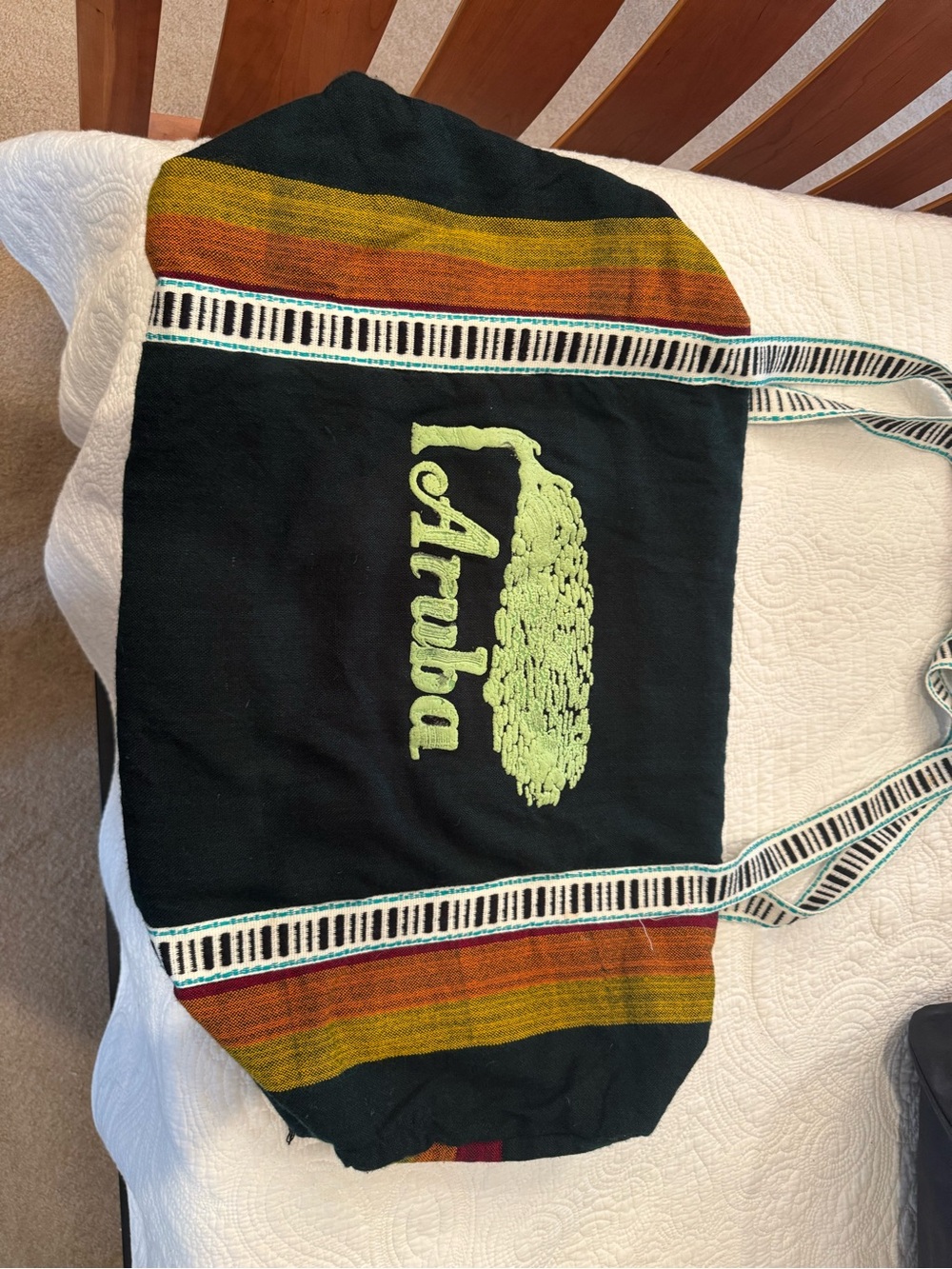 Vintage Aruba Handwoven Woven Fabric Duffel Weekender Travel Bag Embroidered